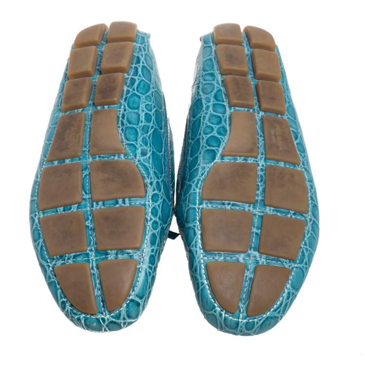Pre Owned Prada Blue Crocodile Leather Bow Slip On Loafers Size 39