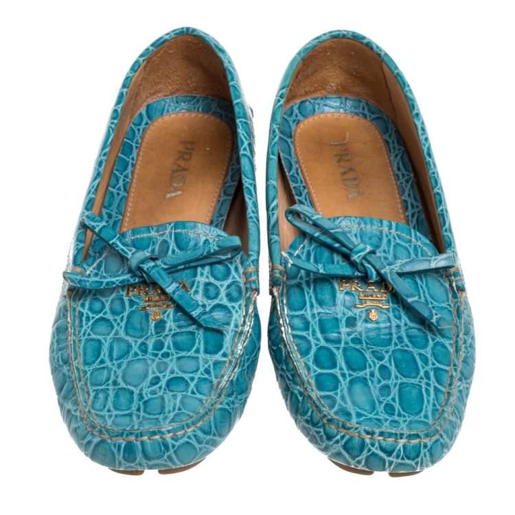 Pre Owned Prada Blue Crocodile Leather Bow Slip On Loafers Size 39