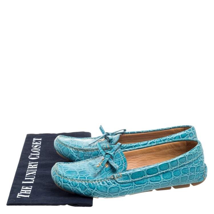 Pre Owned Prada Blue Crocodile Leather Bow Slip On Loafers Size 39