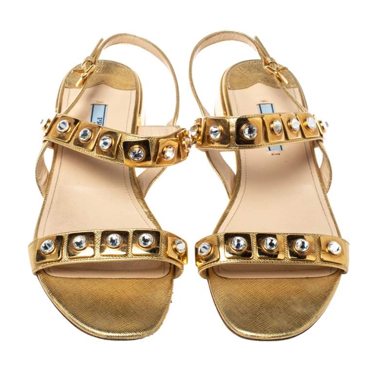 Prada Gold Leather Jeweled Embellished Double Strap Sandals Size 39 ...