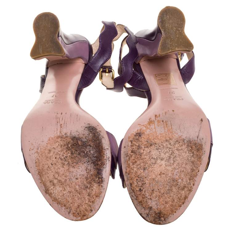Pre Owned Prada Two Tone Purple Leather Wave Ankle Strap Sandals Size 37