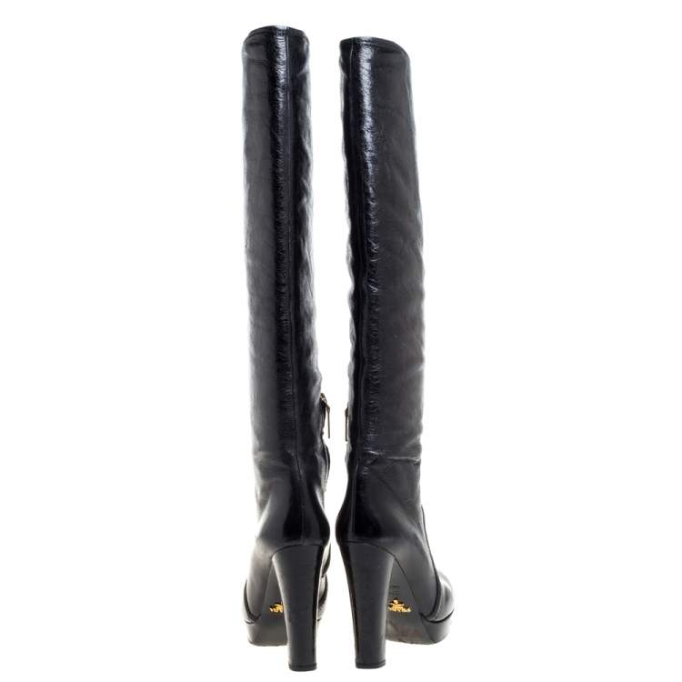 Pre Owned Prada Black Leather Knee Length Boots Size 37.5