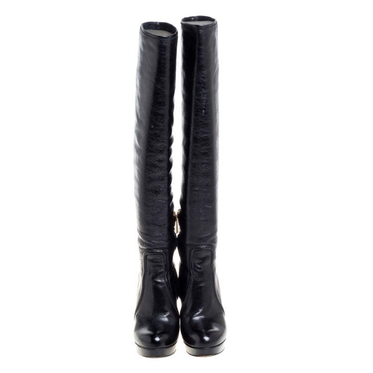 Pre Owned Prada Black Leather Knee Length Boots Size 37.5