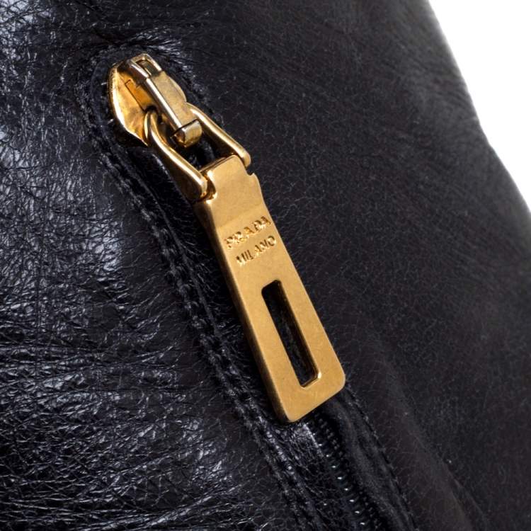 Pre Owned Prada Black Leather Knee Length Boots Size 37.5