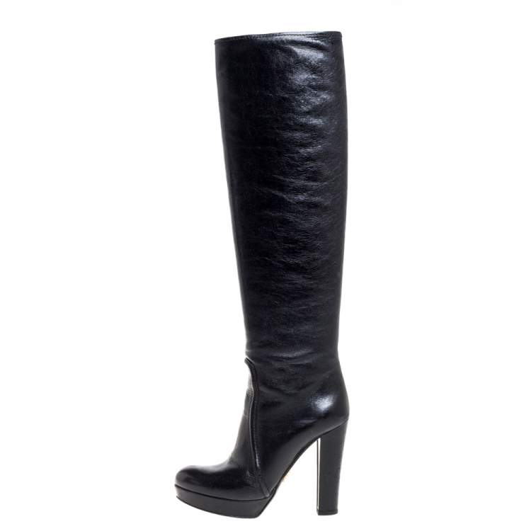 Pre Owned Prada Black Leather Knee Length Boots Size 37.5