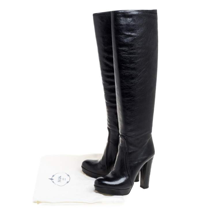 Pre Owned Prada Black Leather Knee Length Boots Size 37.5
