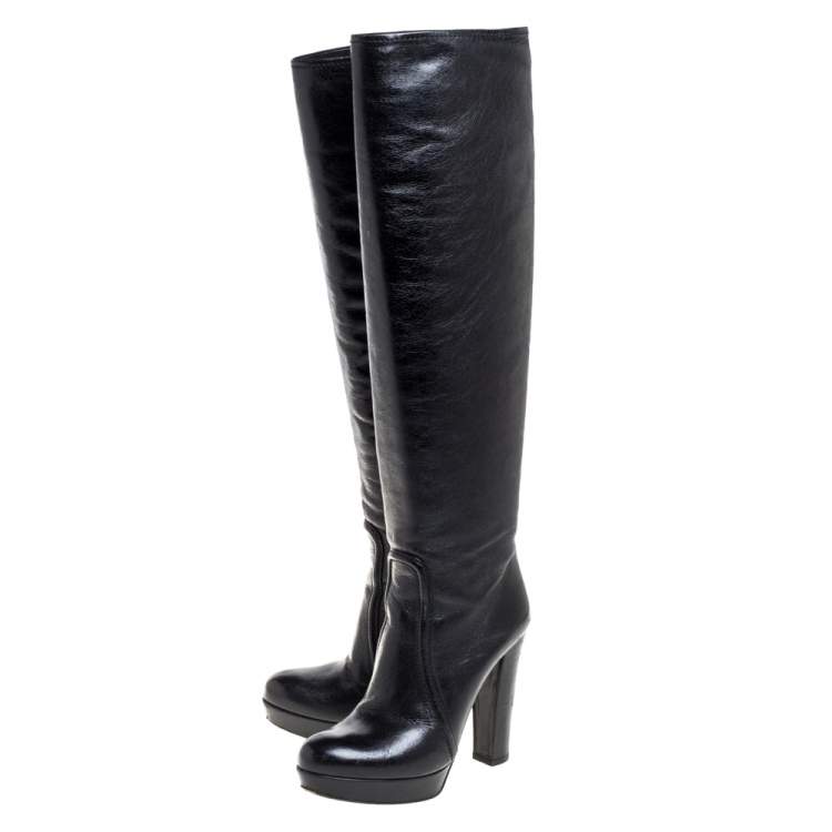 Pre Owned Prada Black Leather Knee Length Boots Size 37.5