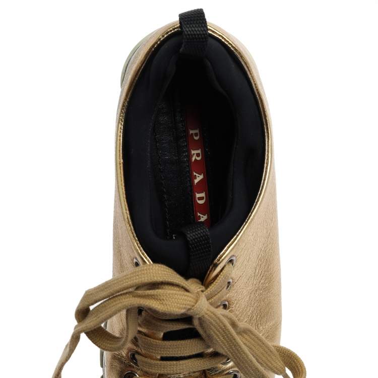 Pre Owned Prada Sport Metallic Gold Leather Lace Up Platform Sneakers Size 36