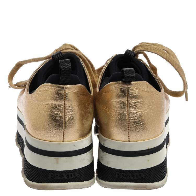 Pre Owned Prada Sport Metallic Gold Leather Lace Up Platform Sneakers Size 36