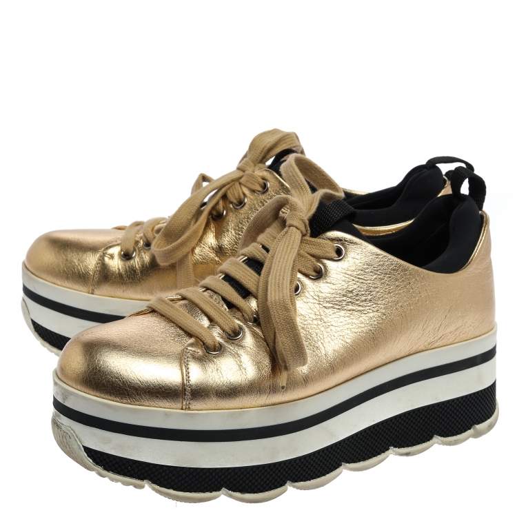 Pre Owned Prada Sport Metallic Gold Leather Lace Up Platform Sneakers Size 36
