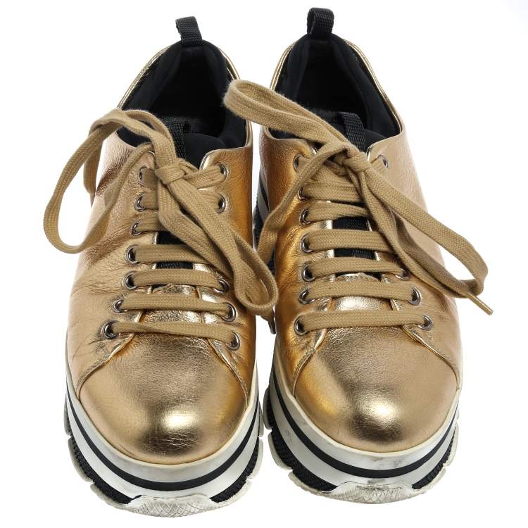 Pre Owned Prada Sport Metallic Gold Leather Lace Up Platform Sneakers Size 36