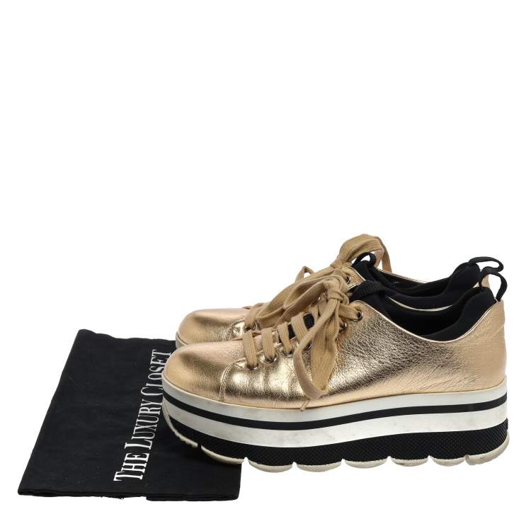 Pre Owned Prada Sport Metallic Gold Leather Lace Up Platform Sneakers Size 36
