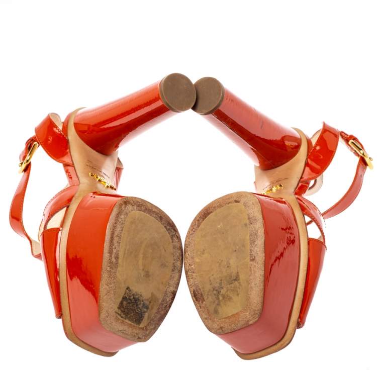 Pre Owned Prada Orange Patent Leather Ankle Strap Platform Sandals Size 36