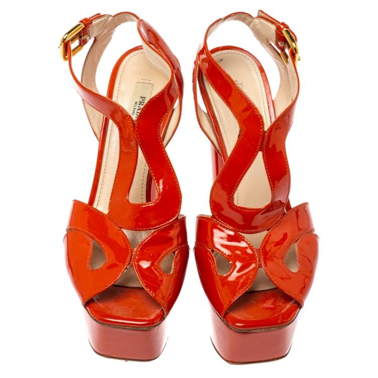 Pre Owned Prada Orange Patent Leather Ankle Strap Platform Sandals Size 36