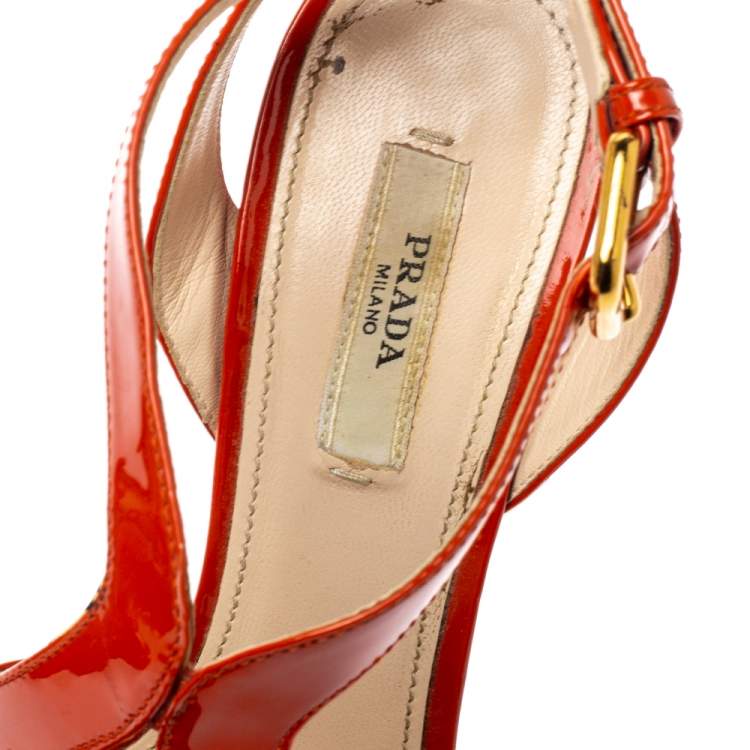 Pre Owned Prada Orange Patent Leather Ankle Strap Platform Sandals Size 36