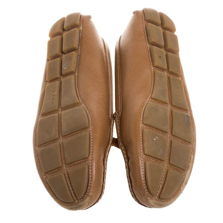 Pre Owned Prada Brown Saffiano Leather Bow Slip On Loafers Size 39.5