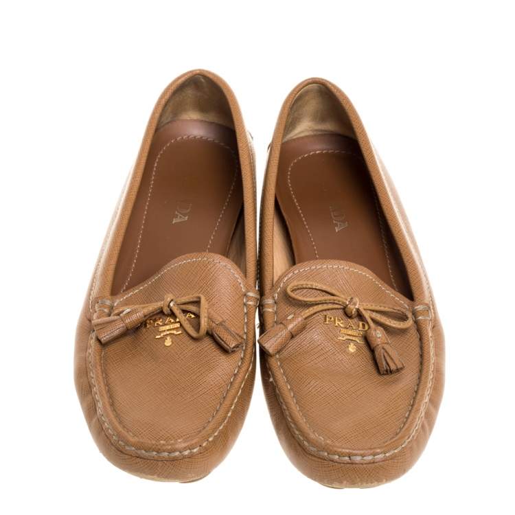 Pre Owned Prada Brown Saffiano Leather Bow Slip On Loafers Size 39.5