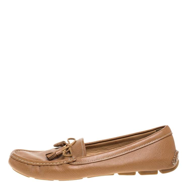 Pre Owned Prada Brown Saffiano Leather Bow Slip On Loafers Size 39.5