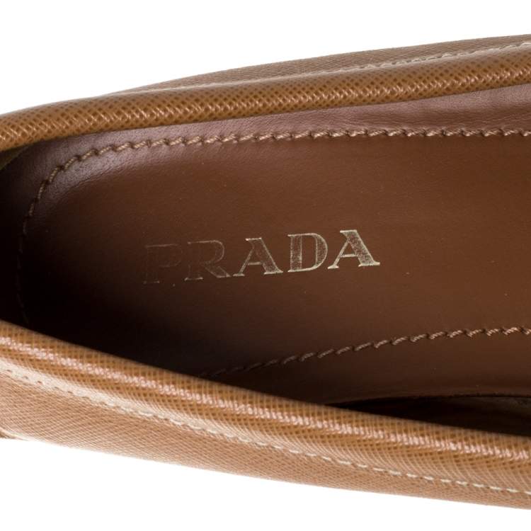 Pre Owned Prada Brown Saffiano Leather Bow Slip On Loafers Size 39.5