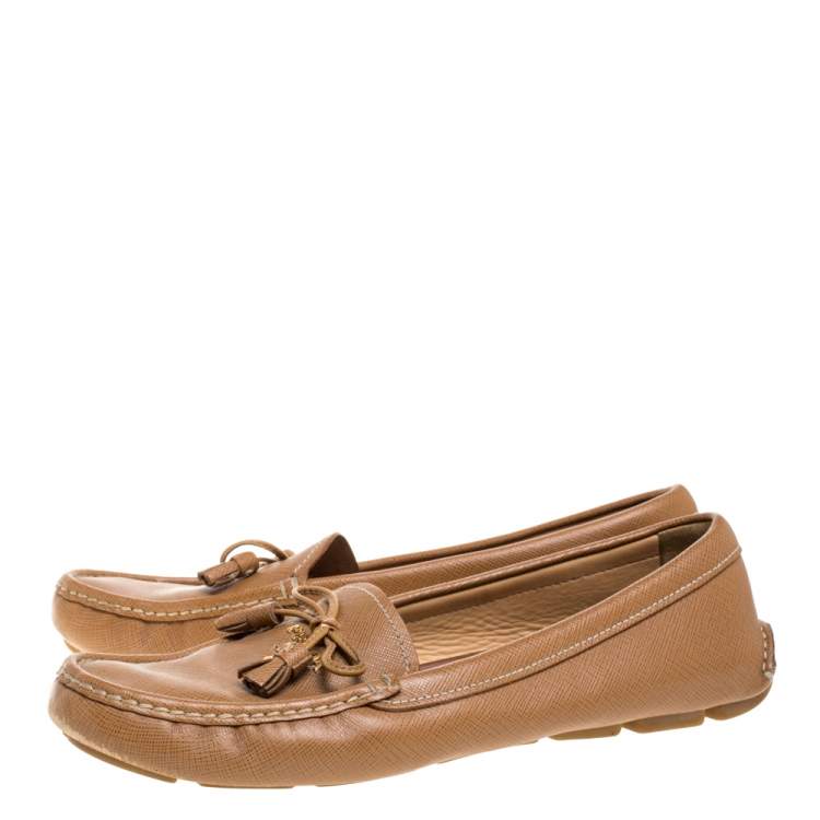 Pre Owned Prada Brown Saffiano Leather Bow Slip On Loafers Size 39.5
