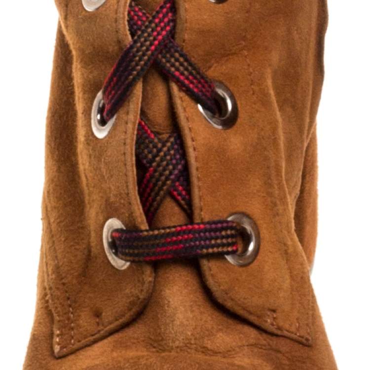 Pre Owned Prada Brown Suede Leather Lace Up Knee Block Heel Boots Size 37