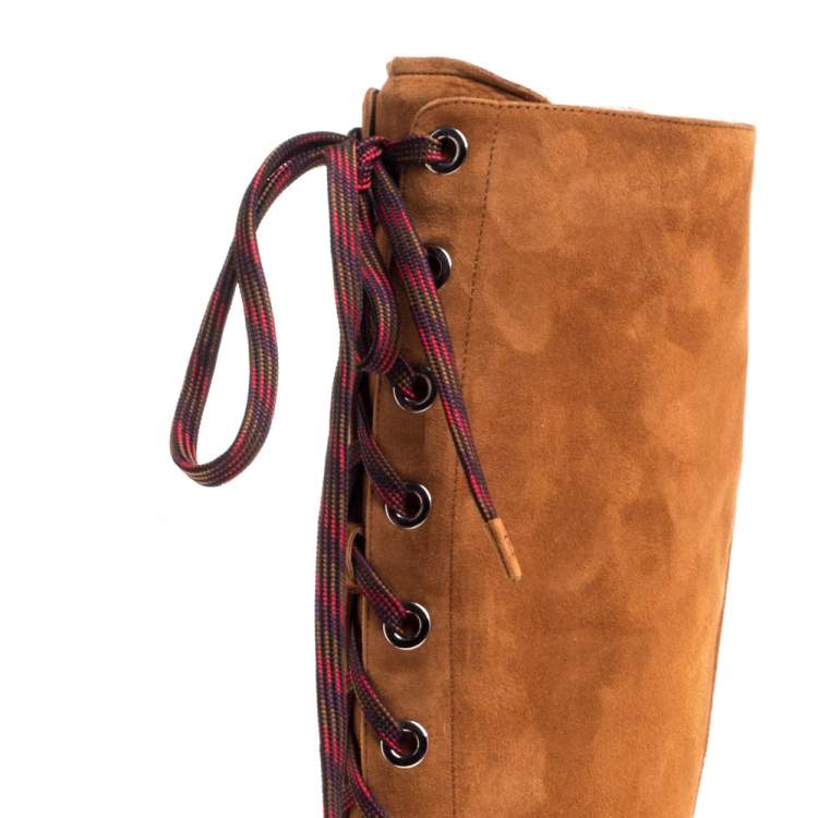 Pre Owned Prada Brown Suede Leather Lace Up Knee Block Heel Boots Size 37