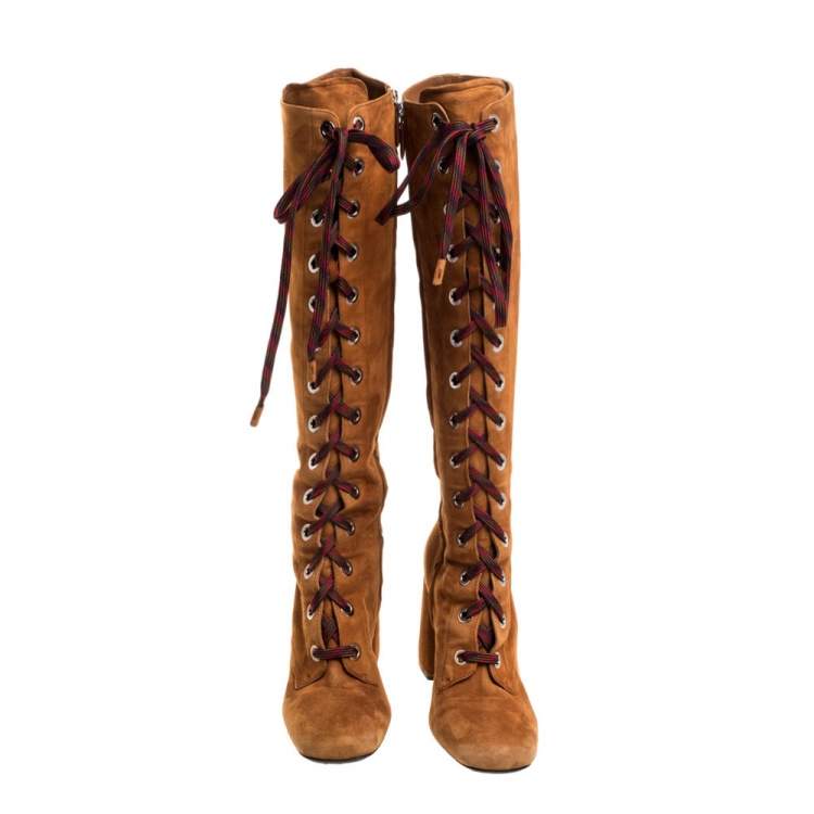 Pre Owned Prada Brown Suede Leather Lace Up Knee Block Heel Boots Size 37