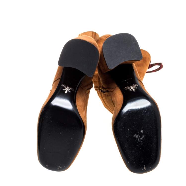 Pre Owned Prada Brown Suede Leather Lace Up Knee Block Heel Boots Size 37