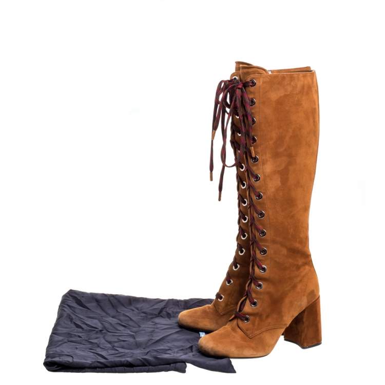 Pre Owned Prada Brown Suede Leather Lace Up Knee Block Heel Boots Size 37