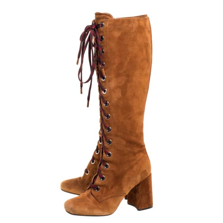Pre Owned Prada Brown Suede Leather Lace Up Knee Block Heel Boots Size 37