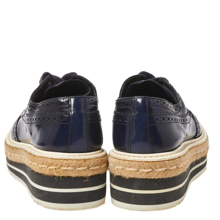 Pre Owned Prada Blue Brogue Leather Derby Lace Up Espadrille Sneakers Size 35.5