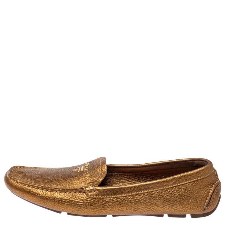 Pre Owned Prada Gold Leather Loafers Size 38.5
