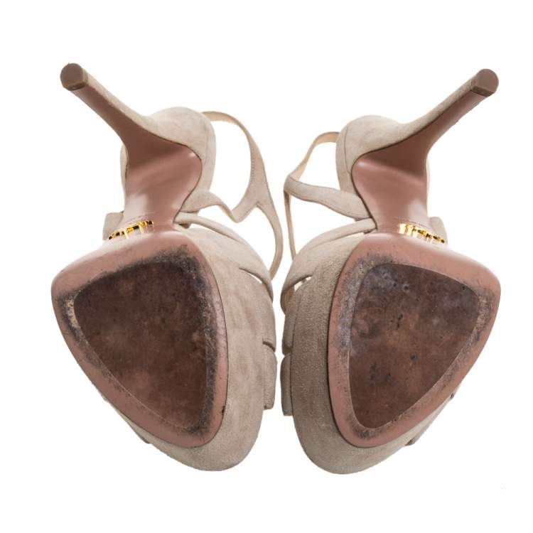 Pre Owned Prada Cream Suede Strappy Platform Slingback Sandals Size 37.5