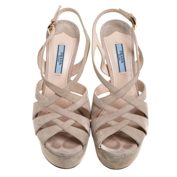 Pre Owned Prada Cream Suede Strappy Platform Slingback Sandals Size 37.5
