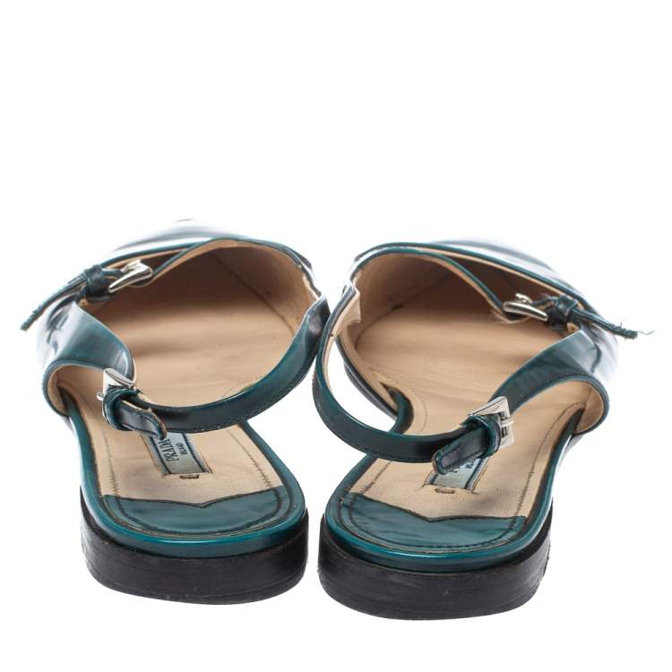 Pre Owned Prada Green Patent Leather Cut Out Buckle Slingback Flat Sandals Size 37.5