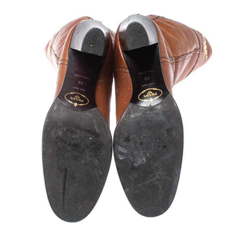 Pre Owned Prada Brown Leather Knee Length Boots Size 38