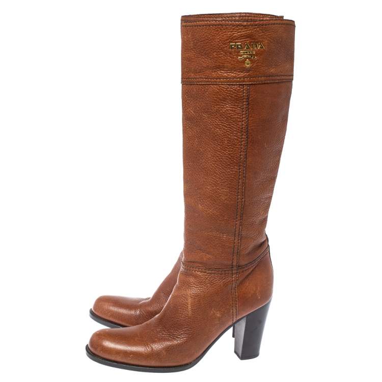 Pre Owned Prada Brown Leather Knee Length Boots Size 38