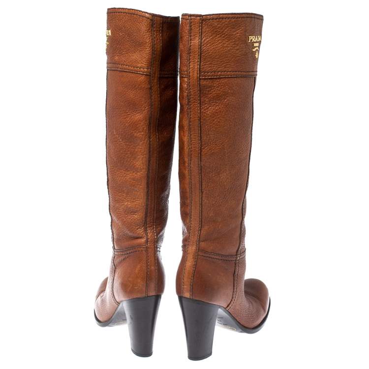 Pre Owned Prada Brown Leather Knee Length Boots Size 38