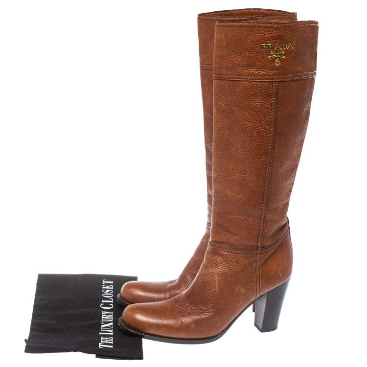 Pre Owned Prada Brown Leather Knee Length Boots Size 38