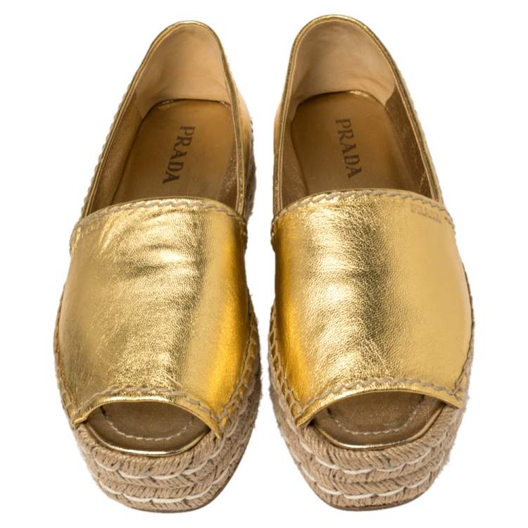 kommando blyant jury Prada Metallic Gold Leather Peep Toe Platform Espadrilles Size 37.5 Prada |  TLC