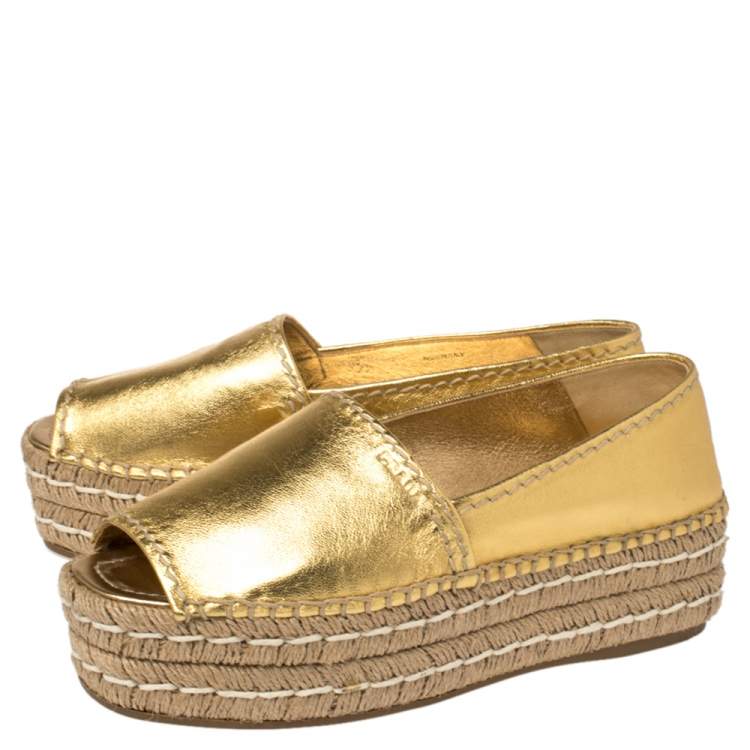 kommando blyant jury Prada Metallic Gold Leather Peep Toe Platform Espadrilles Size 37.5 Prada |  TLC