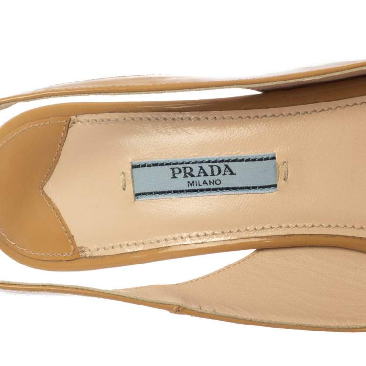 Pre Owned Prada Beige Patent Leather Peep-Toe Platform Sandals Size 39.5