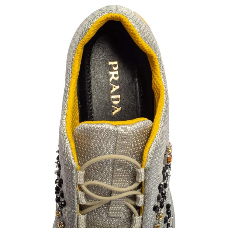 Pre Owned Prada Grey Mesh Embellished Low-Top Sneakers Size 40