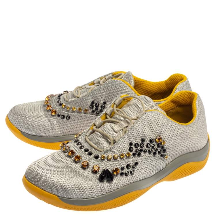 Pre Owned Prada Grey Mesh Embellished Low-Top Sneakers Size 40