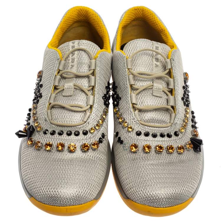 Pre Owned Prada Grey Mesh Embellished Low-Top Sneakers Size 40