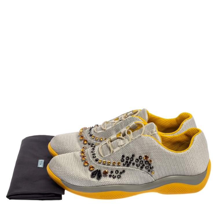 Pre Owned Prada Grey Mesh Embellished Low-Top Sneakers Size 40