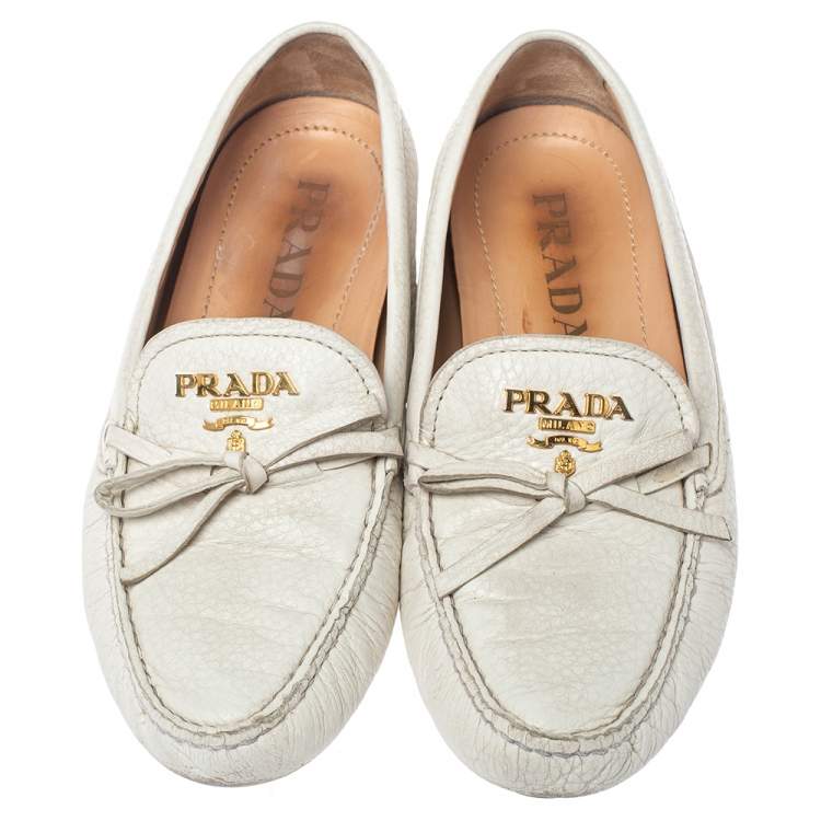 Pre Owned Prada White Leather Bow Loafers Size 37.5