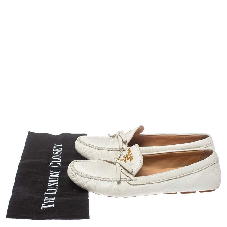 Pre Owned Prada White Leather Bow Loafers Size 37.5