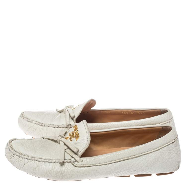 Pre Owned Prada White Leather Bow Loafers Size 37.5