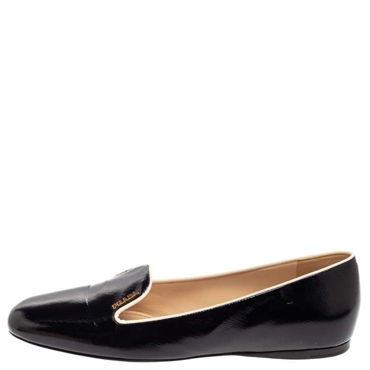 Pre Owned Prada Black Patent Saffiano Leather Slip On Smoking Loafers Size 38